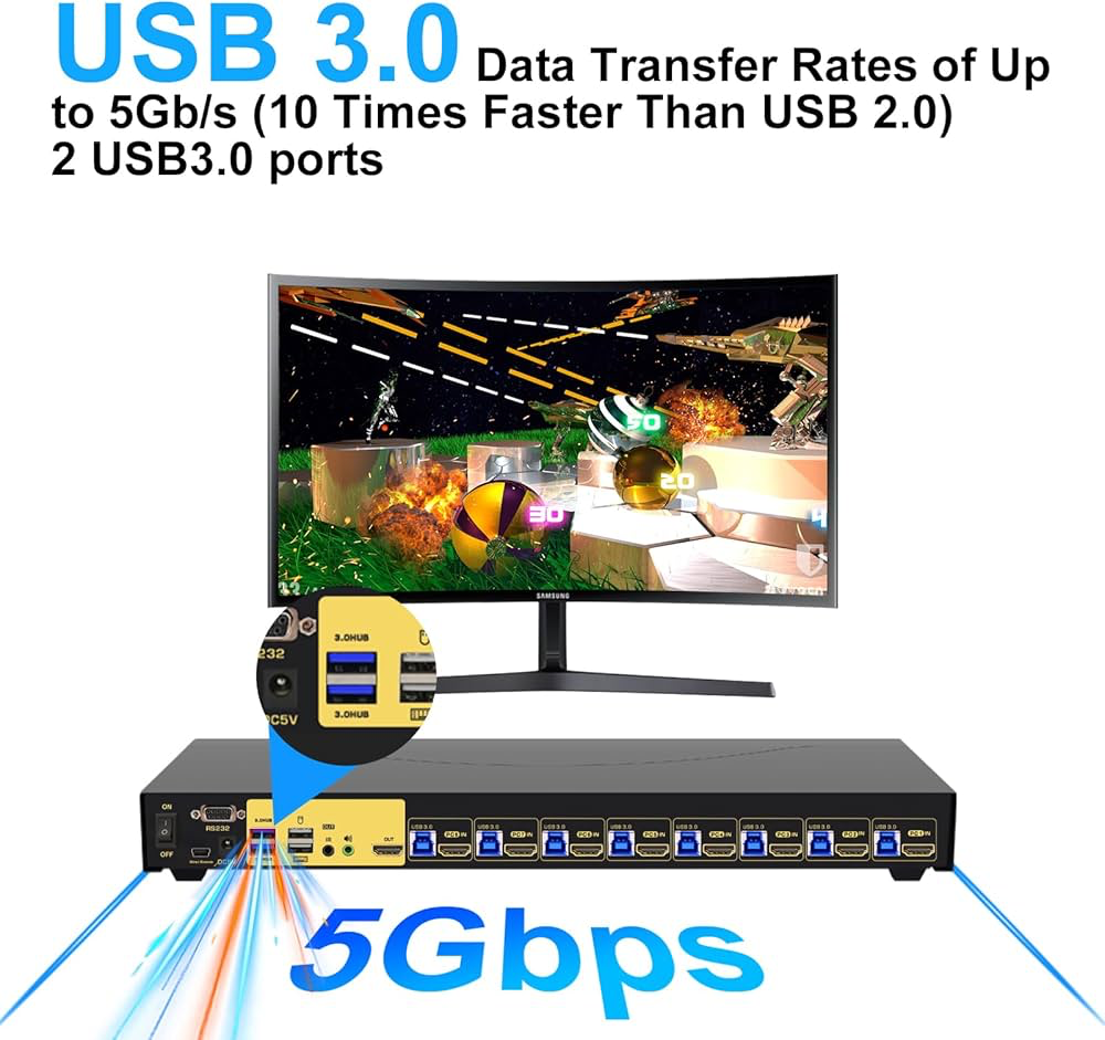 JideTech 8-Port HDMI KVM Switch 4K@60Hz with USB 3.0 Hub, Audio Support, Keyboard & Mouse Hotkey, Remote Control, Rack Mount 1U for Windows/Mac/Linux