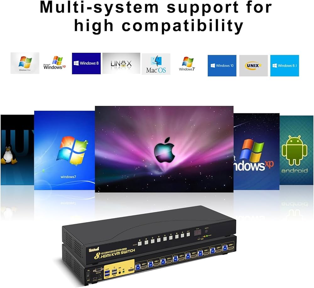 JideTech 8-Port HDMI KVM Switch 4K@60Hz with USB 3.0 Hub, Audio Support, Keyboard & Mouse Hotkey, Remote Control, Rack Mount 1U for Windows/Mac/Linux