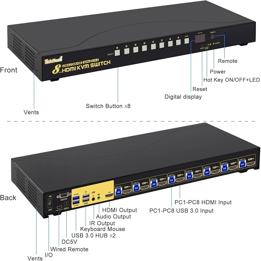 JideTech 8-Port HDMI KVM Switch 4K@60Hz with USB 3.0 Hub, Audio Support, Keyboard & Mouse Hotkey, Remote Control, Rack Mount 1U for Windows/Mac/Linux