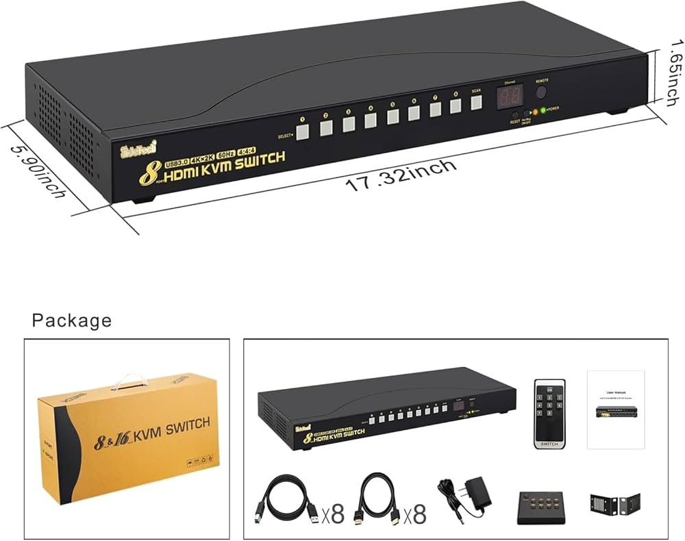 JideTech 8-Port HDMI KVM Switch 4K@60Hz with USB 3.0 Hub, Audio Support, Keyboard & Mouse Hotkey, Remote Control, Rack Mount 1U for Windows/Mac/Linux