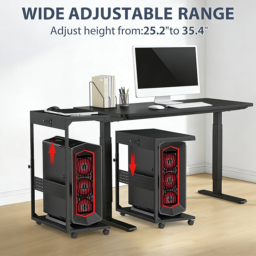 Adjustable Computer Tower Stand with Power Outlets & USB Charging,Heavy-Duty Rolling PC Stand,Under Desk CPU Holder Cart for ATX Case, Gaming PC, E-Sports & Home Office, Black