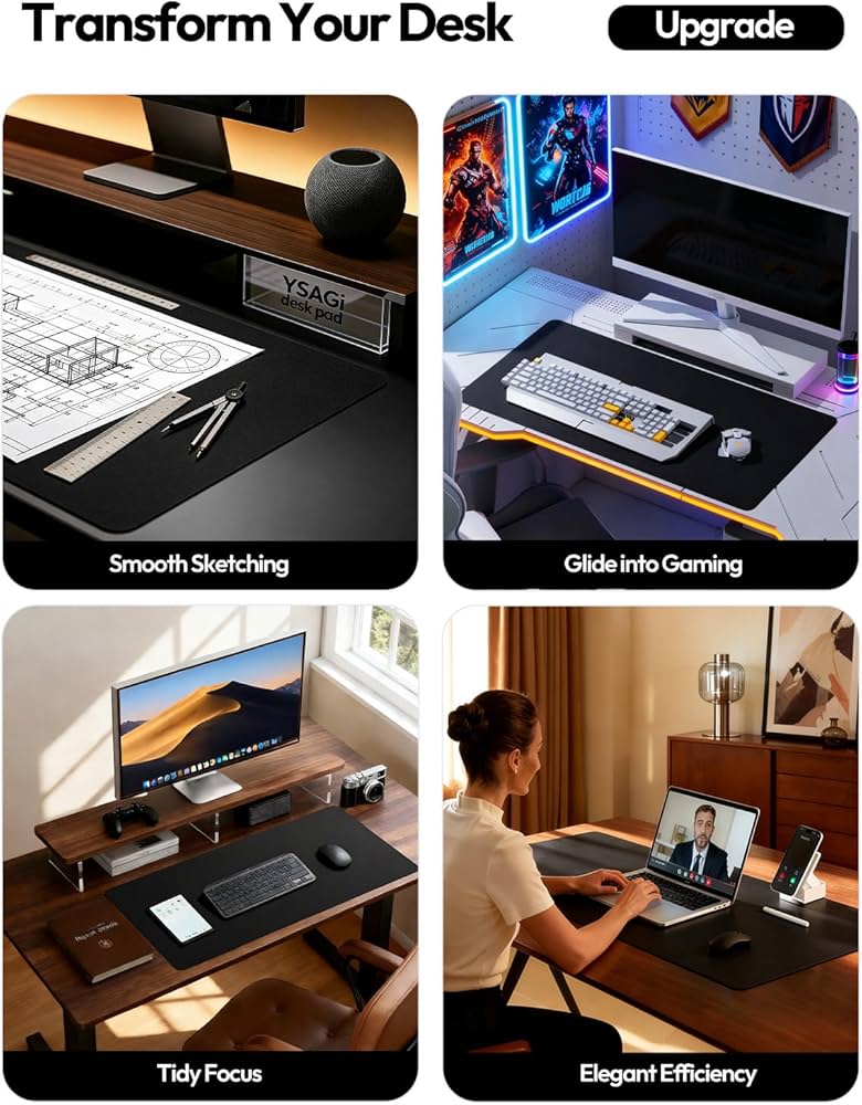 YSAGi Leather Office Desk Pad Protector, Large Mouse Pad, Non-Slip, PU Leather, Laptop Desk Blotter, Waterproof Writing Pad for Office and Home, Black, 23.6″ x 13.8″