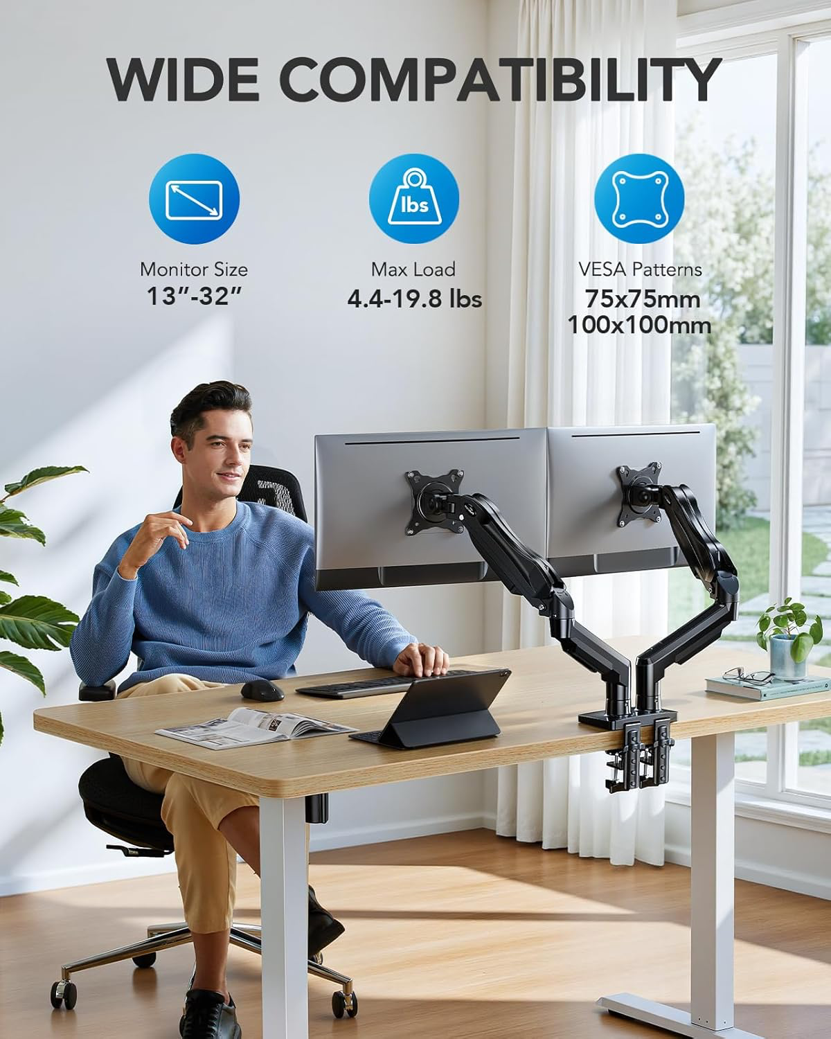 HUANUO Dual Monitor Stand, Fully Adjustable Gaming Monitor Desk Mount for 13–32″ Computer Screens, Full Motion VESA 75×75/100×100 with C-Clamp & Grommet Base, Each Arm Holds 4.4 to 19.8 lbs
