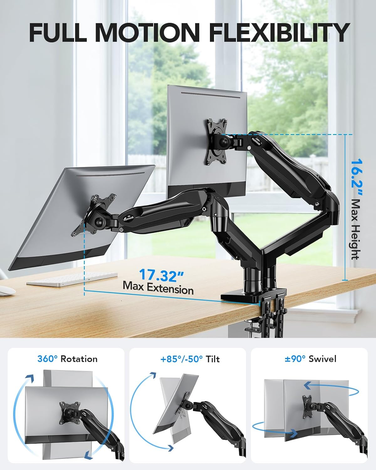 HUANUO Dual Monitor Stand, Fully Adjustable Gaming Monitor Desk Mount for 13–32″ Computer Screens, Full Motion VESA 75×75/100×100 with C-Clamp & Grommet Base, Each Arm Holds 4.4 to 19.8 lbs