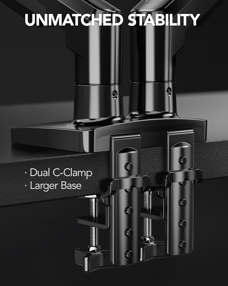 HUANUO Dual Monitor Stand, Fully Adjustable Gaming Monitor Desk Mount for 13–32″ Computer Screens, Full Motion VESA 75×75/100×100 with C-Clamp & Grommet Base, Each Arm Holds 4.4 to 19.8 lbs