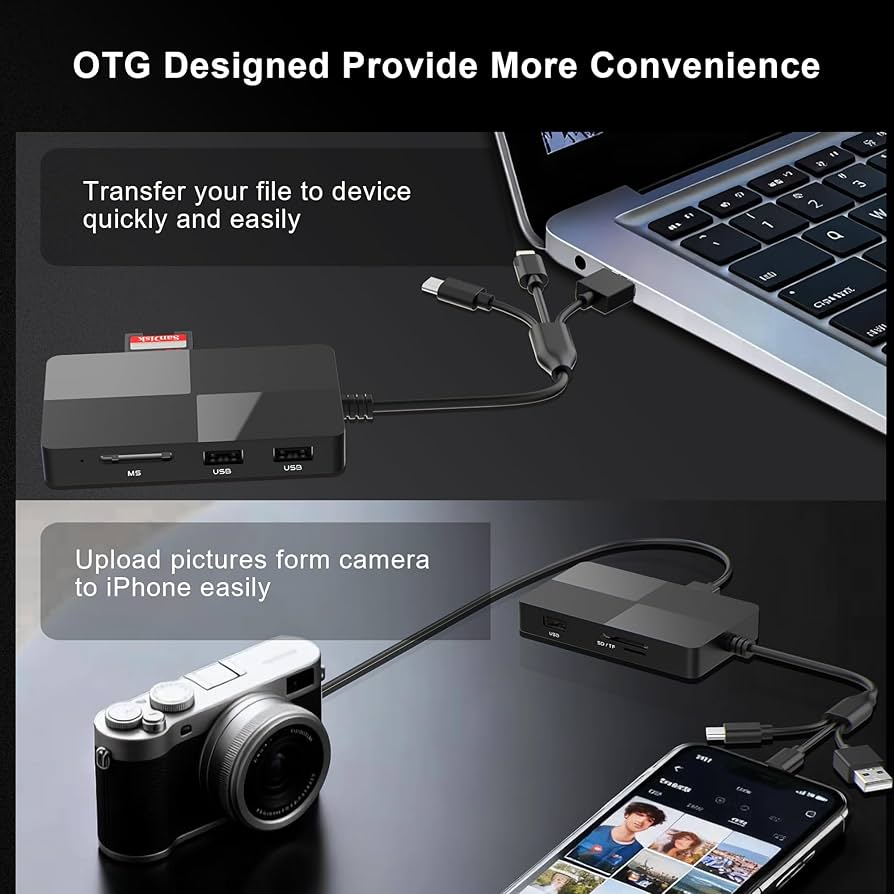 8-in-1 Memory Card Reader with 3 USB Ports, Lightning/USB-C/USB-A Adapter for iPhone/Android/PC/Mac, Supports SD/TF/MS/CF/XD Card & OTG for Photo/Video Transfer