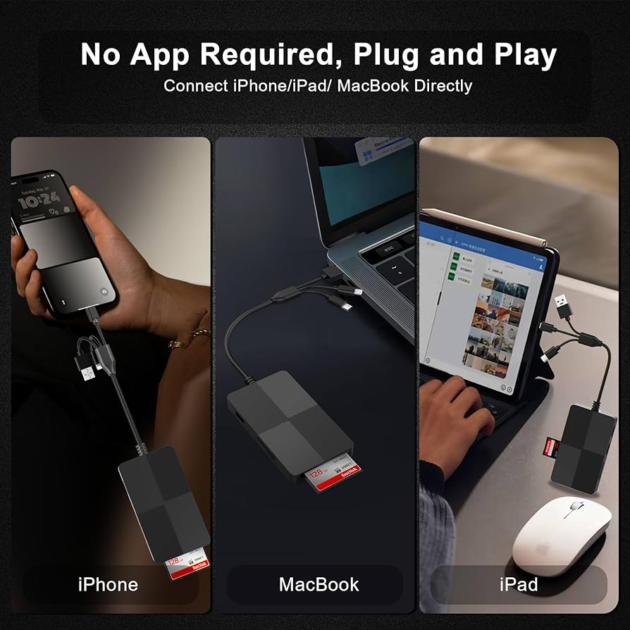 8-in-1 Memory Card Reader with 3 USB Ports, Lightning/USB-C/USB-A Adapter for iPhone/Android/PC/Mac, Supports SD/TF/MS/CF/XD Card & OTG for Photo/Video Transfer