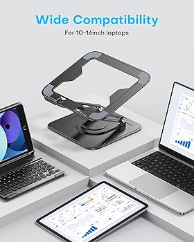 Adjustable Laptop Stand, Computer Stand with 360 Rotating Base, Ergonomic Laptop Riser Mount for Desk Foldable Protable Computer Desk Fits with MacBook Pro Air (10-16″) – Black