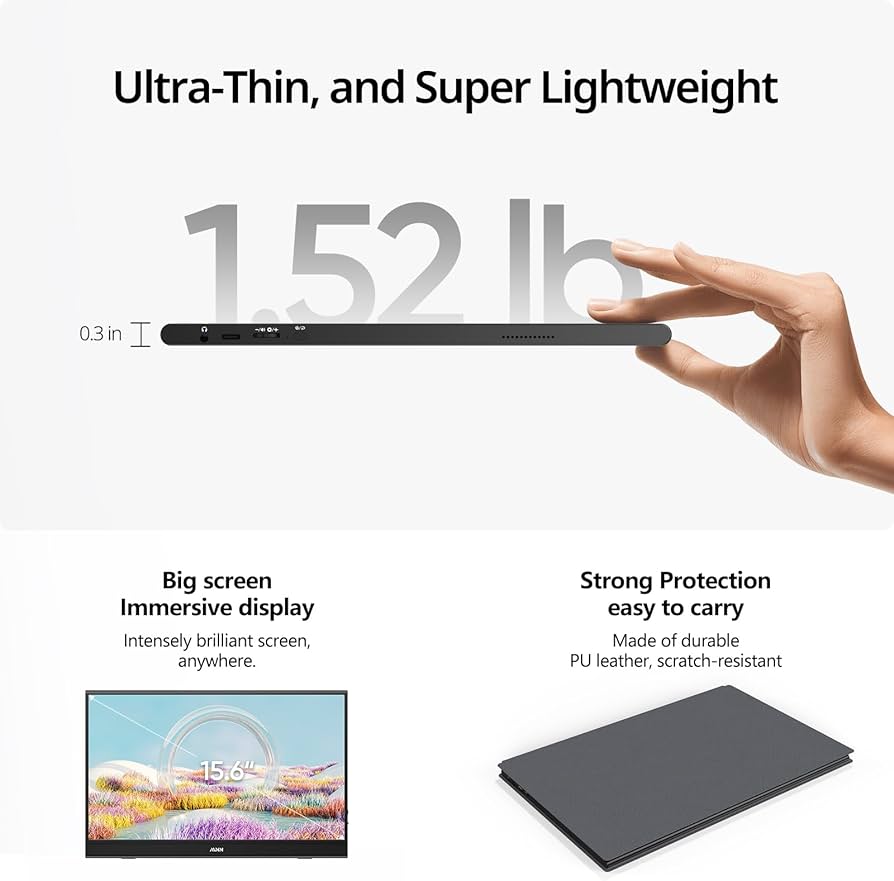MNN Portable Monitor 15.6inch FHD 1080P USB C HDMI Gaming Ultra-Slim IPS Display w/Smart Cover & Speakers,HDR Plug&Play, External Monitor for Laptop PC Phone Mac (15.6” 1080P)