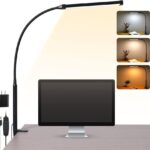 LED Desk Lamp with Clamp, Eye-Caring Clip on Lights for Home Office, 3 Modes 10 Brightness, Long Flexible Goose-Neck, Metal, Swing Arm Architect Task Table Lamps with USB Adapter, Black