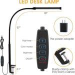LED Desk Lamp with Clamp, Eye-Caring Clip on Lights for Home Office, 3 Modes 10 Brightness, Long Flexible Goose-Neck, Metal, Swing Arm Architect Task Table Lamps with USB Adapter, Black
