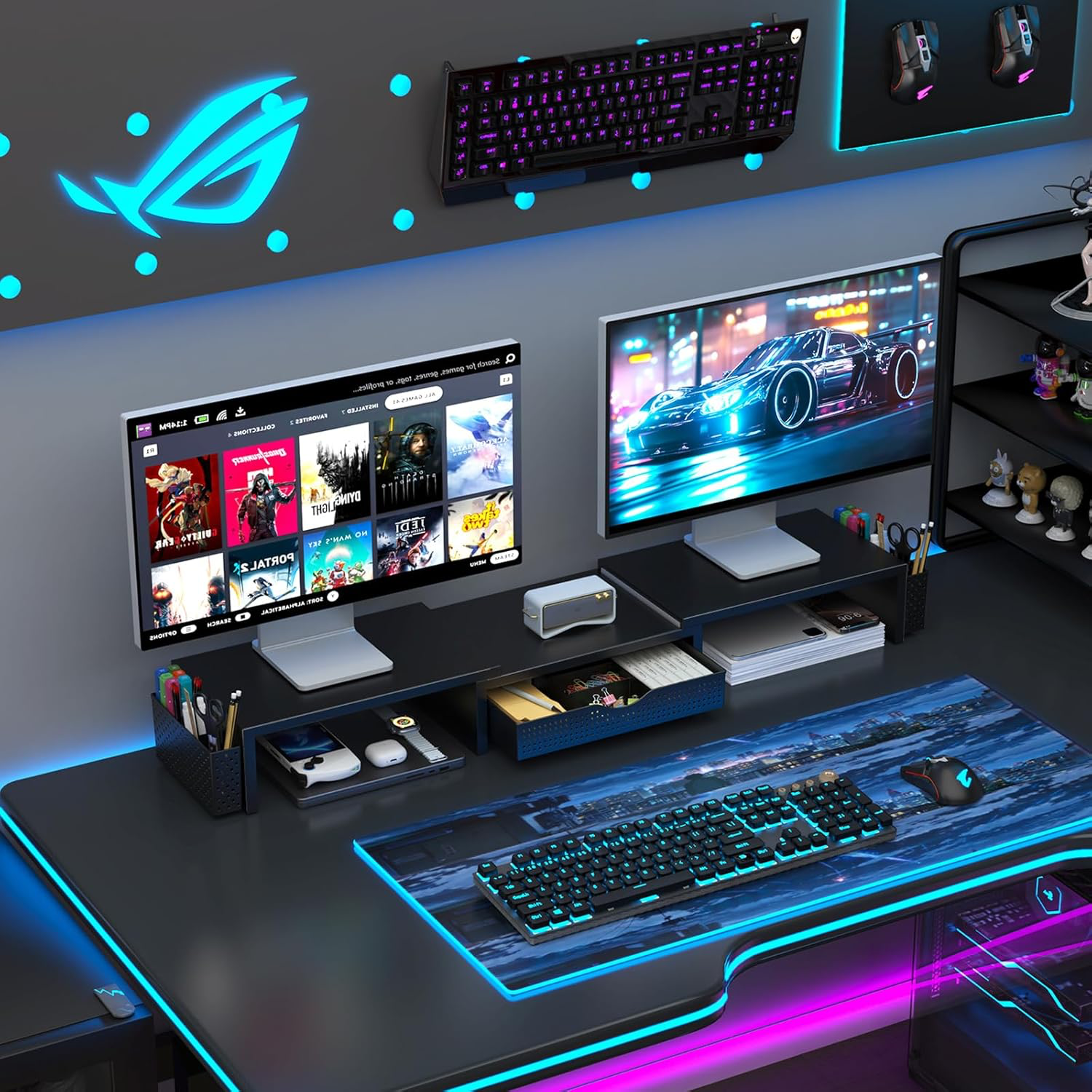 gianotter Dual Monitor Stand Riser, Desk Organizer With Drawer and 2 Pen Holders, Computer Monitor Stand, Shelf for Top of Desk, Black