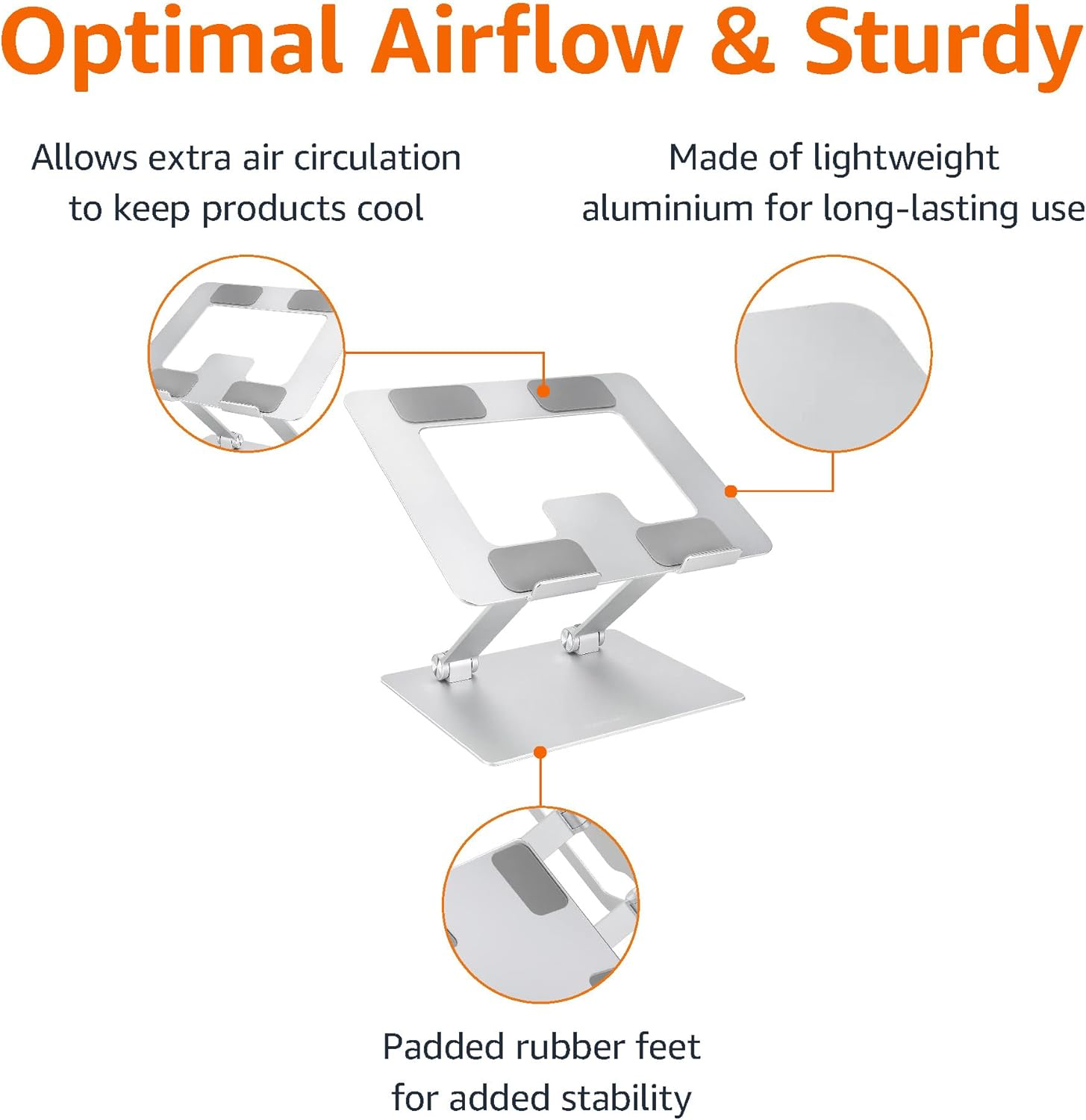 Amazon Basics Sturdy and Portable Ergonomic Laptop Stand for Desk, Adjustable Riser, Fits all Laptops and Notebooks up to 17.3 Inch, Silver, 10 x 8.7 x 6 in