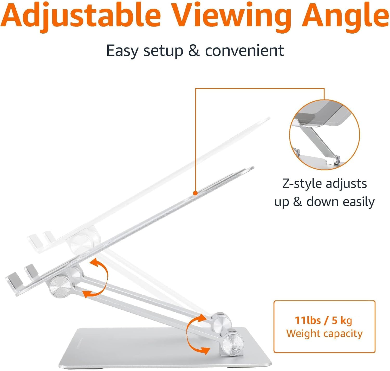 Amazon Basics Sturdy and Portable Ergonomic Laptop Stand for Desk, Adjustable Riser, Fits all Laptops and Notebooks up to 17.3 Inch, Silver, 10 x 8.7 x 6 in