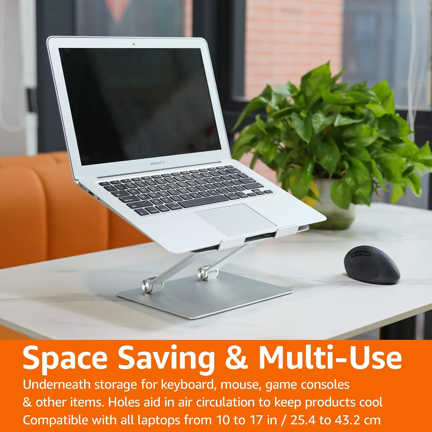 Amazon Basics Sturdy and Portable Ergonomic Laptop Stand for Desk, Adjustable Riser, Fits all Laptops and Notebooks up to 17.3 Inch, Silver, 10 x 8.7 x 6 in