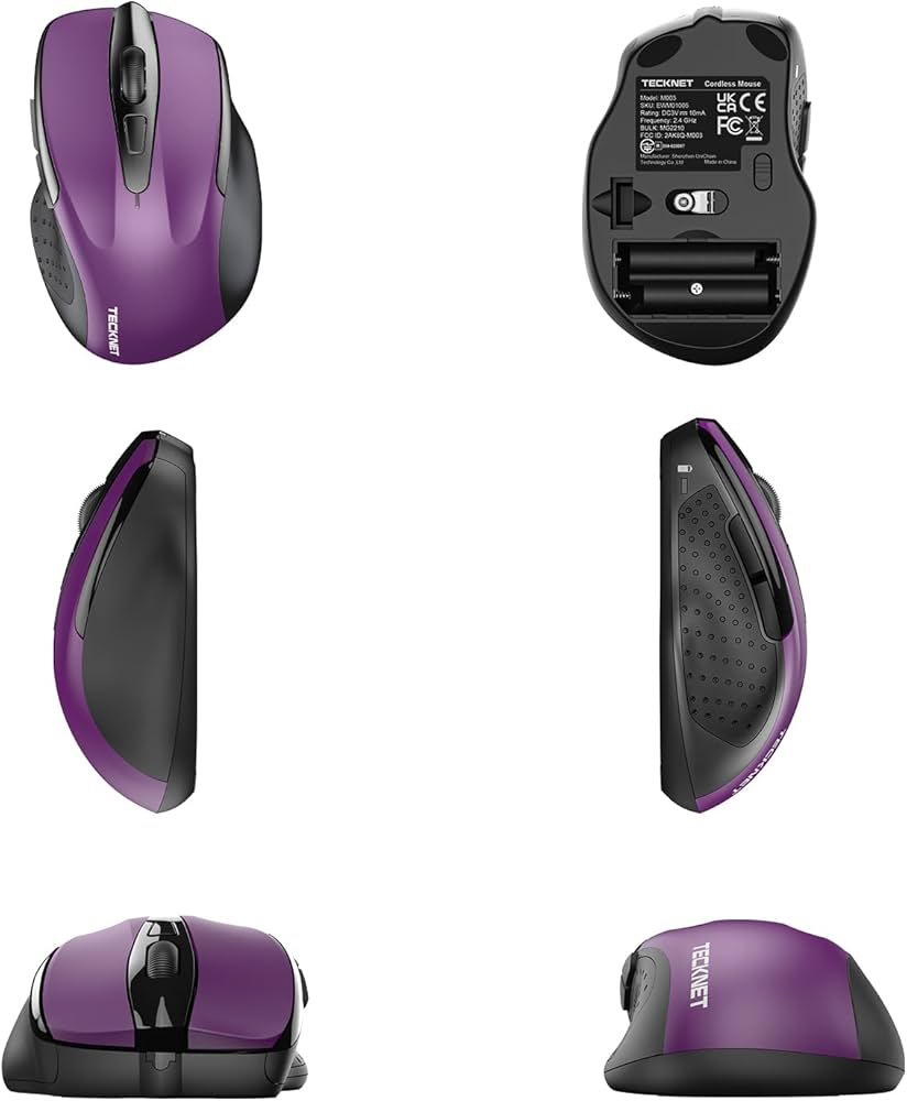 TECKNET Wireless Mouse, 2.4G Ergonomic Optical Mouse, Computer Mouse for Laptop, PC, Computer, Chromebook, Notebook, 6 Buttons, 24 Months Battery Life, 2600 DPI, 5 Adjustment Levels – Purple