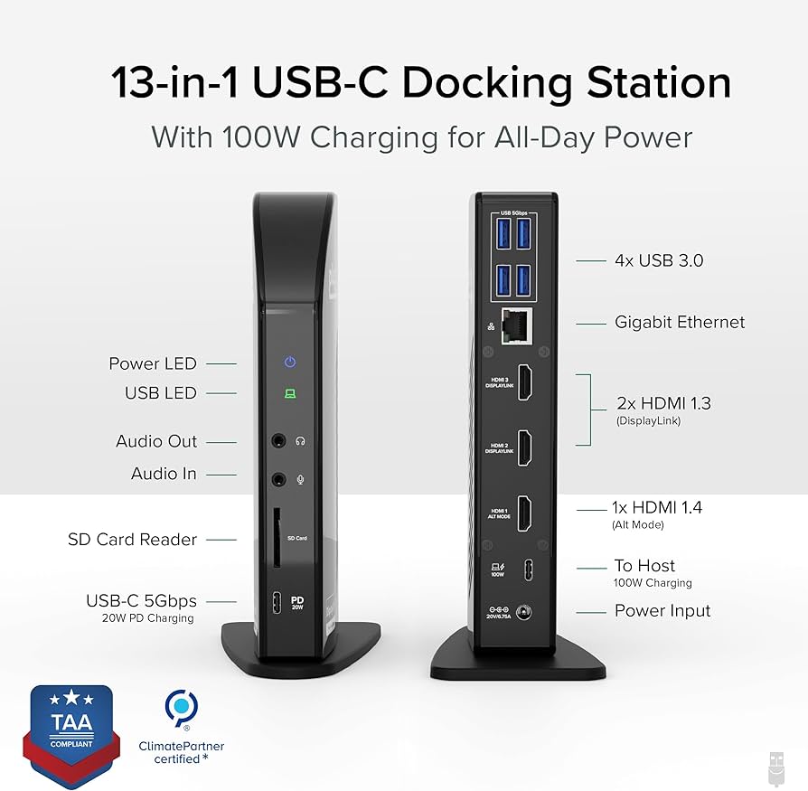 Plugable USB-C Triple Monitor Docking Station: 13-in-1 Laptop Dock with 100W Charging for Mac (DisplayLink Driver Required), Windows, Chrome, 3 HDMI, Gigabit Ethernet, SD, USB-C 20W, 4 USB – UD-ULTCDL