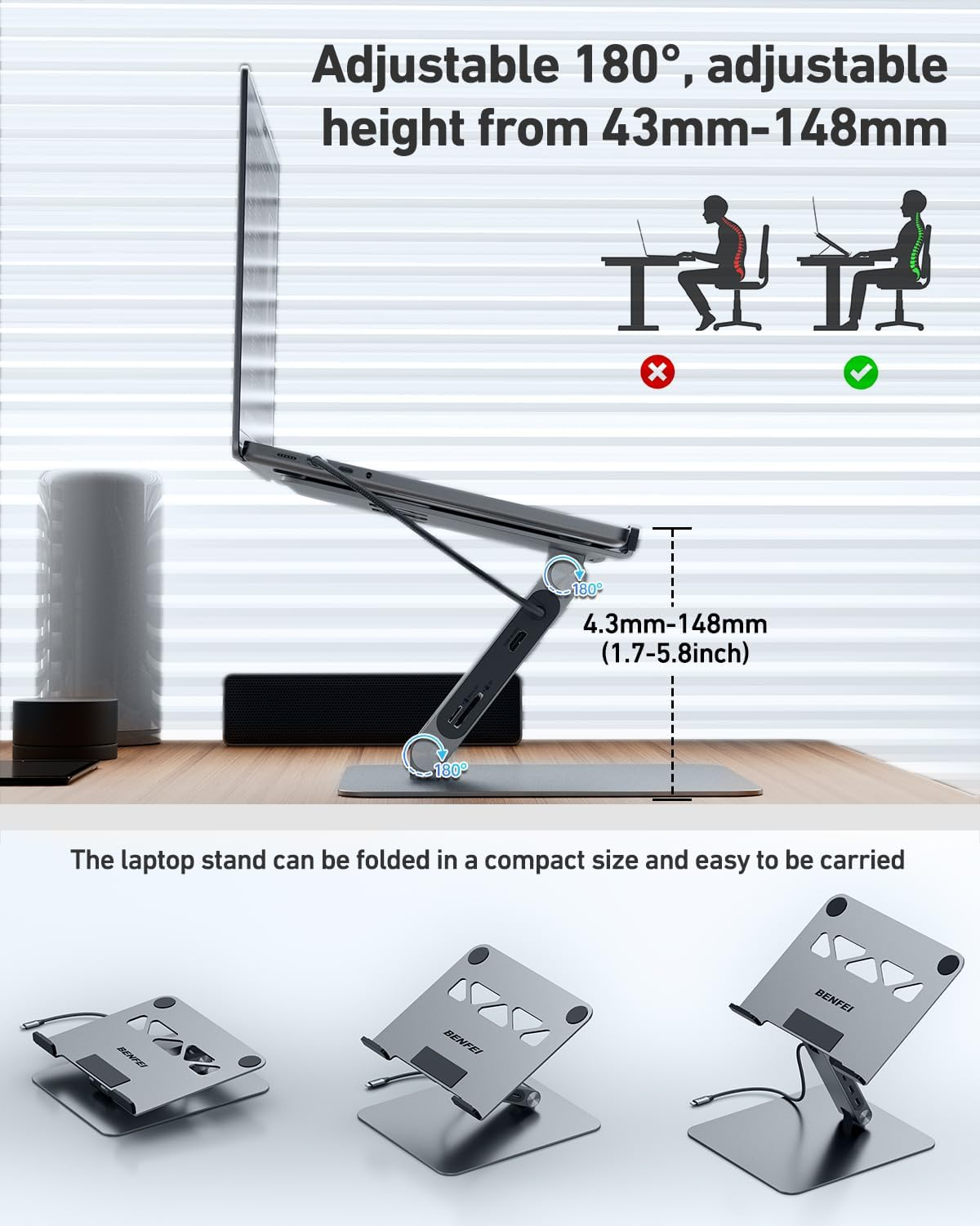 BENFEI Laptop Stand with USB C 7in1 Docking Station,HDMI 4K@60Hz,1*SD 1*Micro SD,100W Power Delivery,10Gbps 1*USB C 3.2 and 2*USB A 3.2 Compatible with MacBook Pro/Air, iPad Pro, XPS, Thinkpad