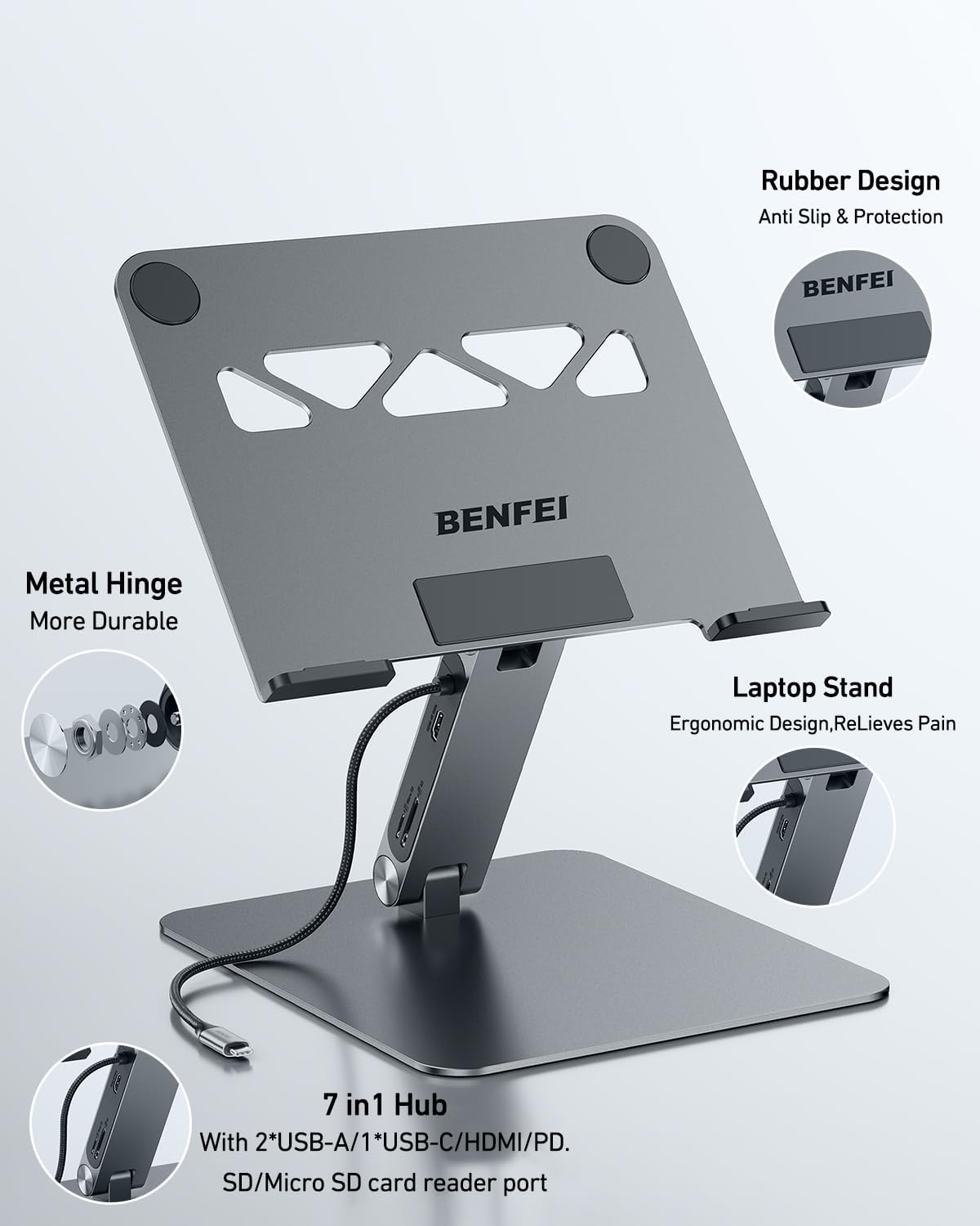 BENFEI Laptop Stand with USB C 7in1 Docking Station,HDMI 4K@60Hz,1*SD 1*Micro SD,100W Power Delivery,10Gbps 1*USB C 3.2 and 2*USB A 3.2 Compatible with MacBook Pro/Air, iPad Pro, XPS, Thinkpad
