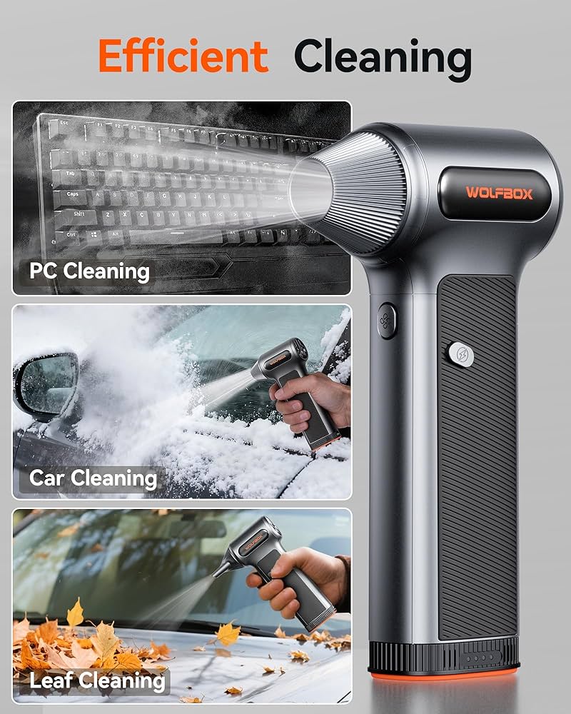 WOLFBOX MF200 Compressed Air Duster with Removable Battery & 4 Nozzles, Cordless 3-Speed Adjustable Mini Blower for Computer Keyboard, Car Cleaning, Home, and Outdoor Use