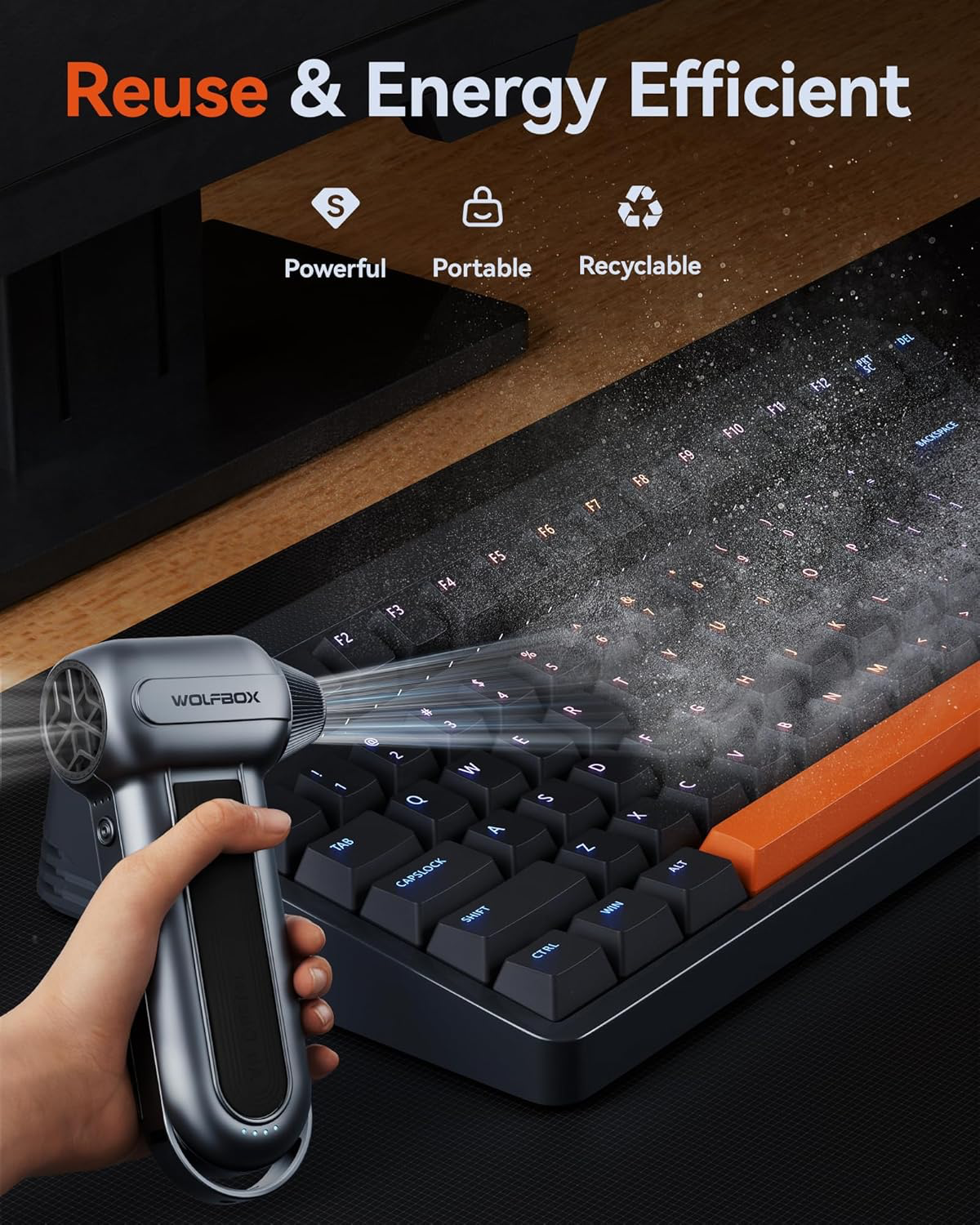 WOLFBOX MF100 Electric Air Duster-150000RPM Super Power Cordless Air Duster, Rechargeable Brushless Motor Durable Blower, 3-Gear Adjustable Dust Blower for Computer, Keyboard, Outdoor, House and Car