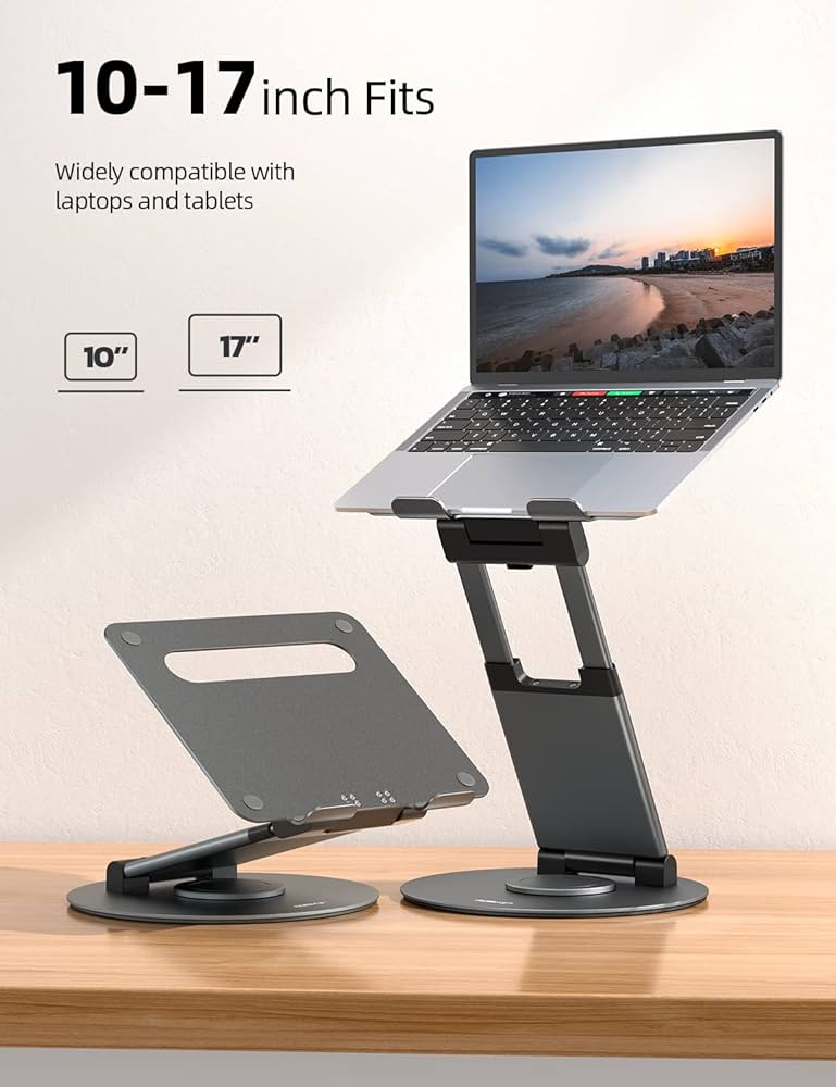 Nulaxy Telescopic 360 Rotating Laptop Stand for Desk Adjustable Height Swivel Pull Out Design Ergonomic Laptop Riser Standing Desk Converter Fits All 10-17″ Laptops Computer MacBook, Gray