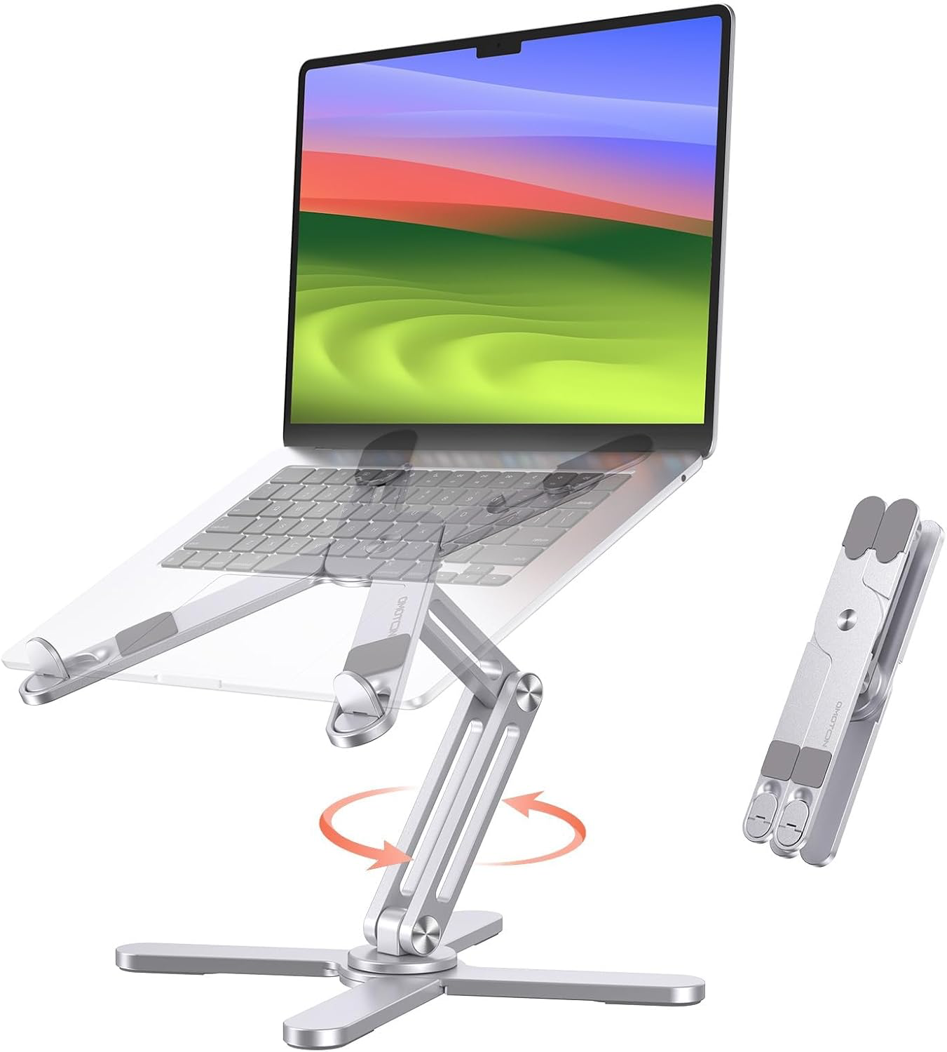 OMOTON LA10 360° Rotating Laptop Stand Riser for Desk, Ergonomic Foldable Computer Stand Adjustable Height Angles for Collaborative Work, Easy Storage Fit Macbooks,All Laptops up to 16 inches, Silver