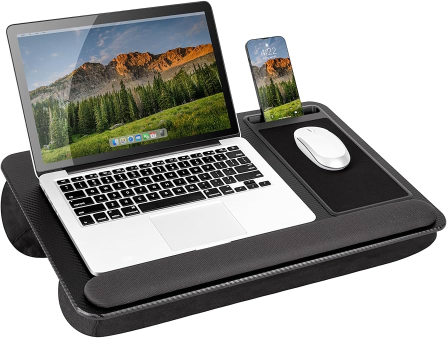 LAPGEAR Home Office Pro Lap Desk with Wrist Rest, Mouse Pad, and Phone Holder – Black Carbon – Fits up to 15.6 Inch Laptops – Style No. 91598