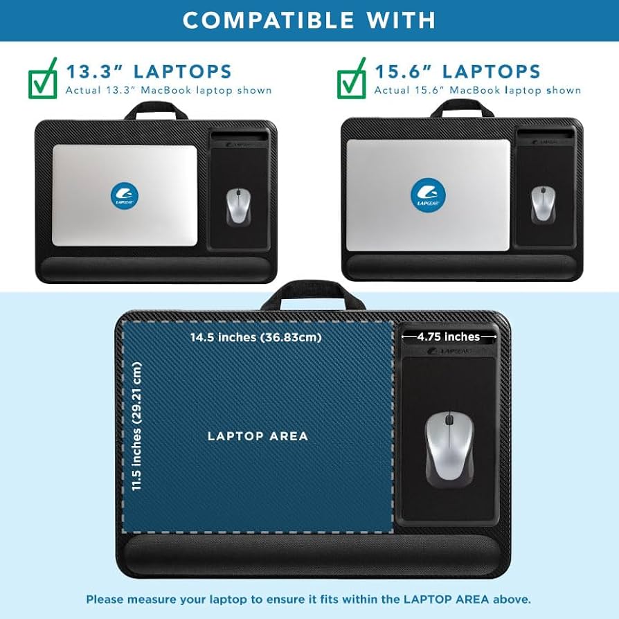 LAPGEAR Home Office Pro Lap Desk with Wrist Rest, Mouse Pad, and Phone Holder – Black Carbon – Fits up to 15.6 Inch Laptops – Style No. 91598