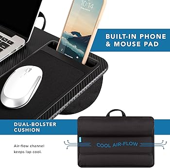 LAPGEAR Home Office Pro Lap Desk with Wrist Rest, Mouse Pad, and Phone Holder – Black Carbon – Fits up to 15.6 Inch Laptops – Style No. 91598