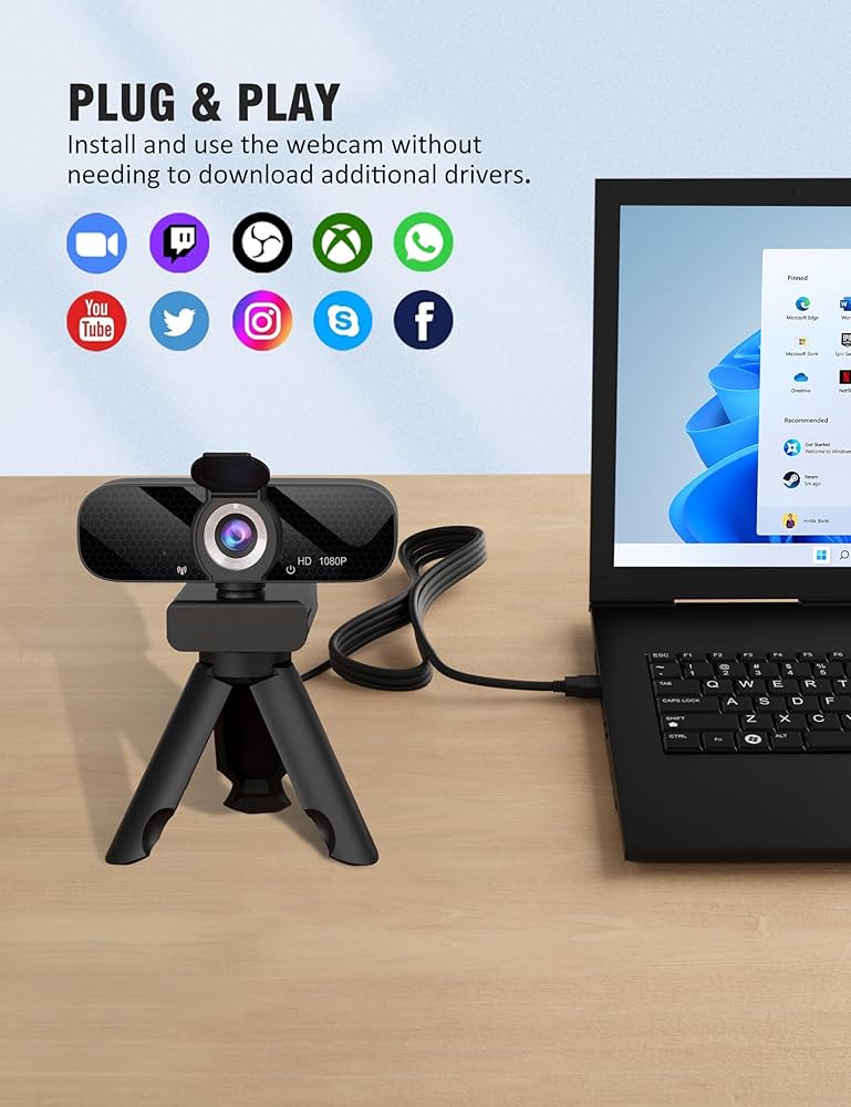 Tewiky 1080P Webcam with Microphone and Rotatable Tripod Wide Angle Camera for Desktop PC or Laptop Computer,Plug and Play, for Zoom/Skype/Teams, Conferencing and Video Calling