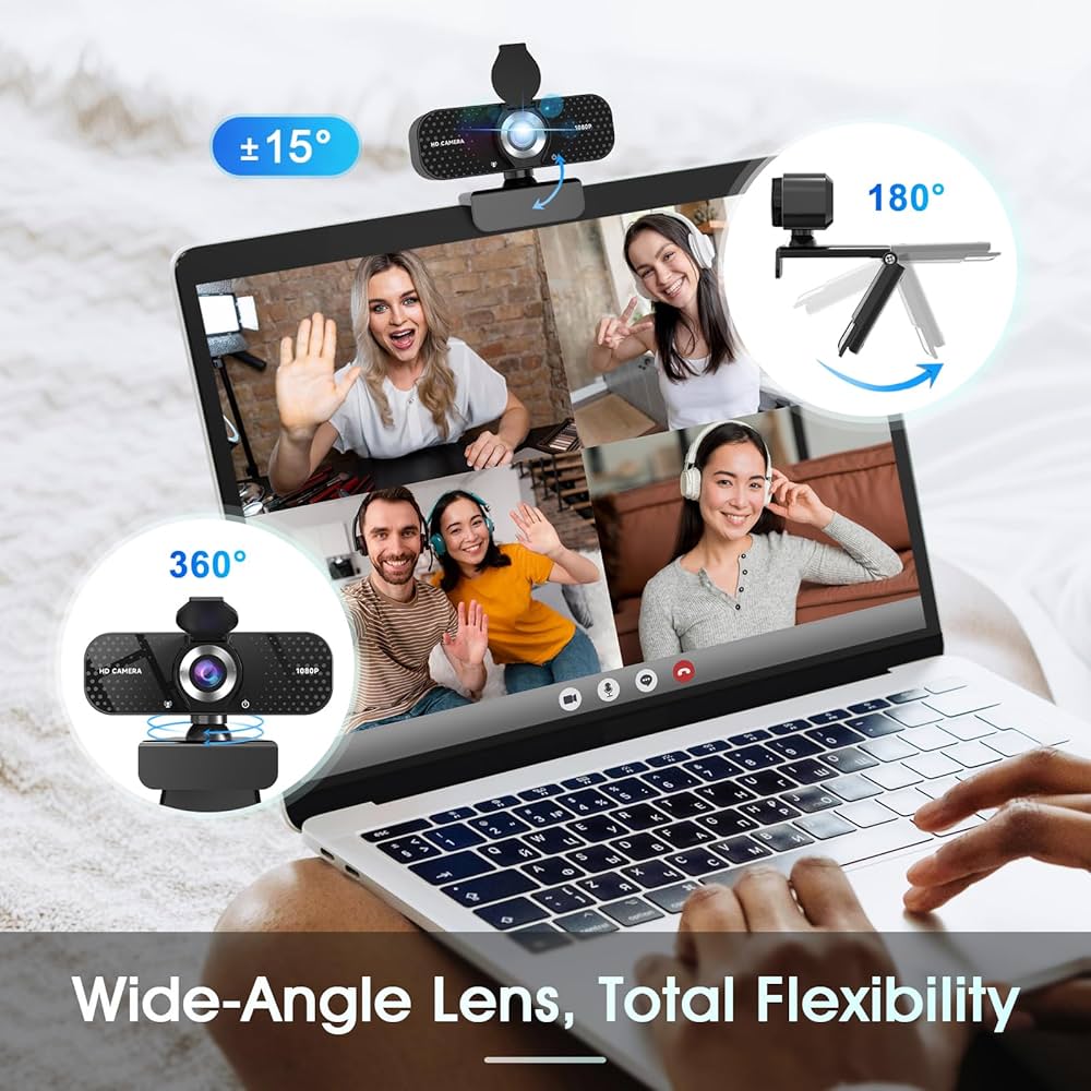 1080P Full HD Webcam with Noise-Canceling Mic, Auto Light Correction, Privacy Cover and Wide Angle Lens, Plug & Play USB Camera for Laptop/Desktop/PC/Mac, Compatible with Zoom/Skype/Teams/Streaming