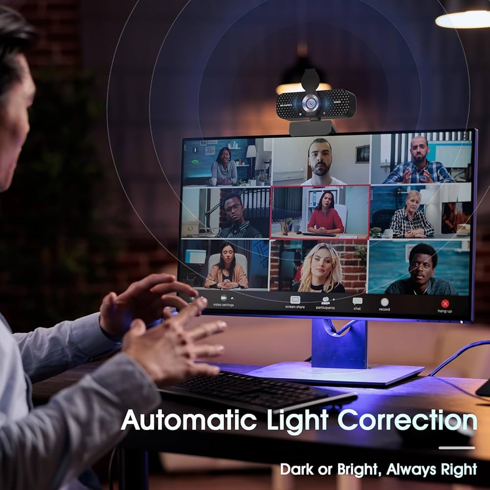 1080P Full HD Webcam with Noise-Canceling Mic, Auto Light Correction, Privacy Cover and Wide Angle Lens, Plug & Play USB Camera for Laptop/Desktop/PC/Mac, Compatible with Zoom/Skype/Teams/Streaming