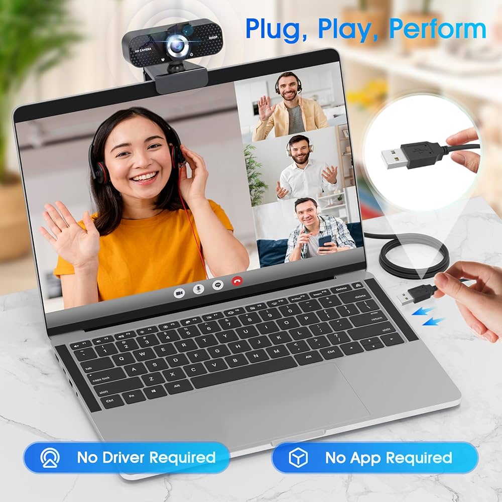 1080P Full HD Webcam with Noise-Canceling Mic, Auto Light Correction, Privacy Cover and Wide Angle Lens, Plug & Play USB Camera for Laptop/Desktop/PC/Mac, Compatible with Zoom/Skype/Teams/Streaming