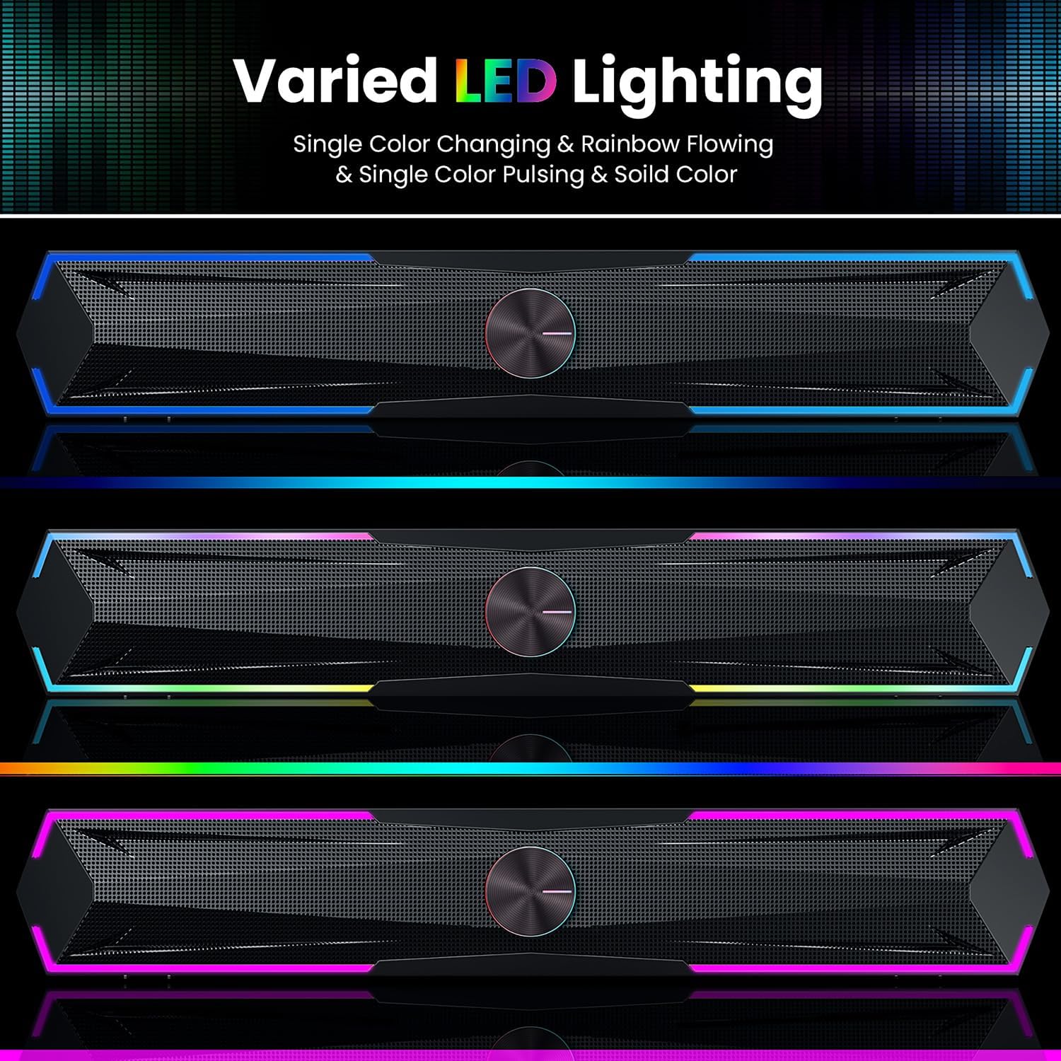 Pc Speakers Computer Sound Bar with Stereo Sound, Flowing LED & Push-Button Control Computer Speaker for Desktop Laptop Monitor, USB Input