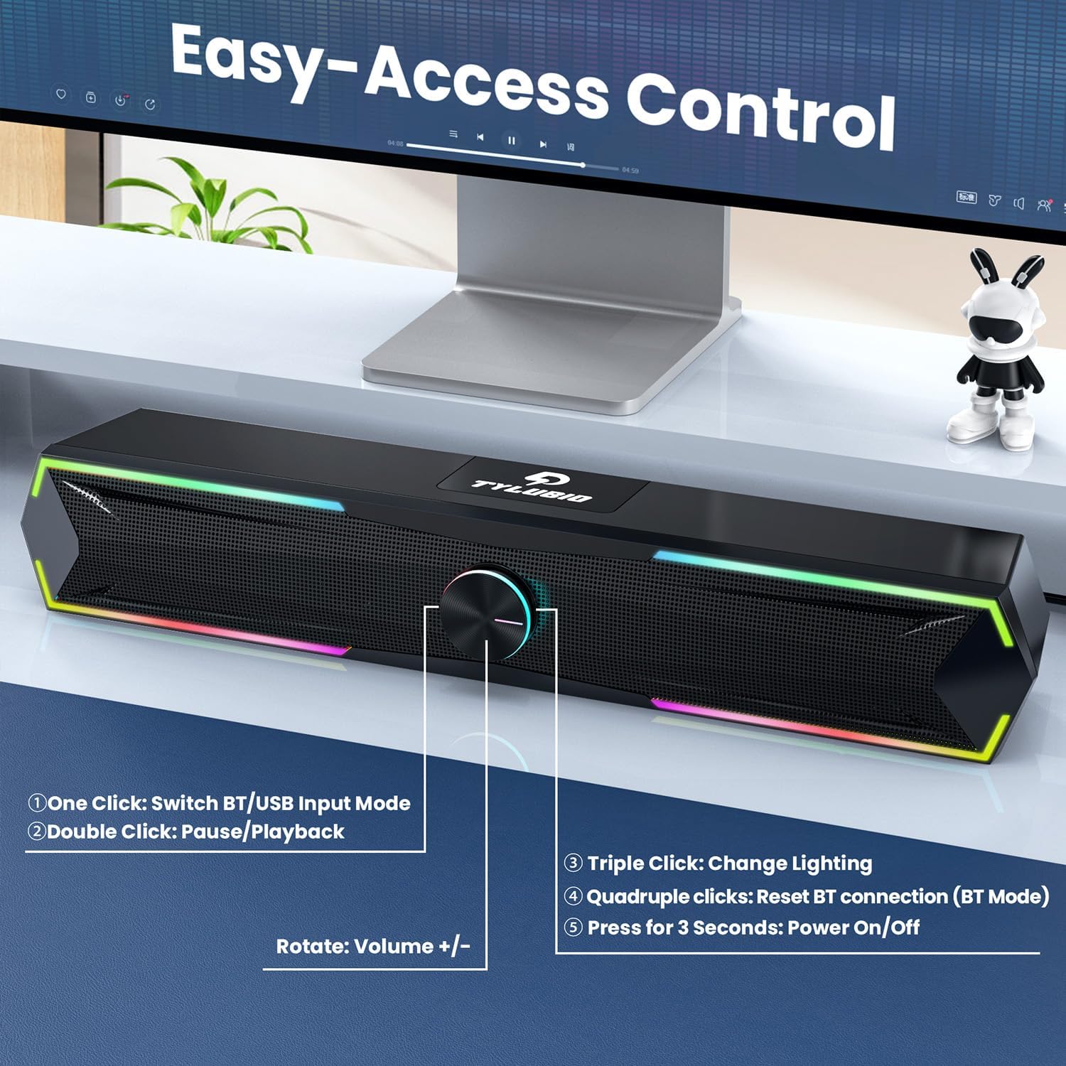 Pc Speakers Computer Sound Bar with Stereo Sound, Flowing LED & Push-Button Control Computer Speaker for Desktop Laptop Monitor, USB Input