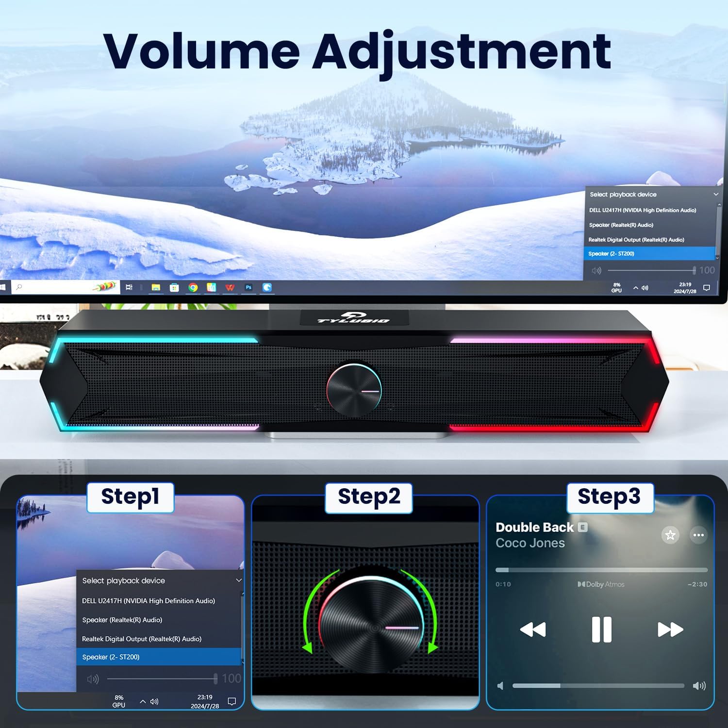 Pc Speakers Computer Sound Bar with Stereo Sound, Flowing LED & Push-Button Control Computer Speaker for Desktop Laptop Monitor, USB Input