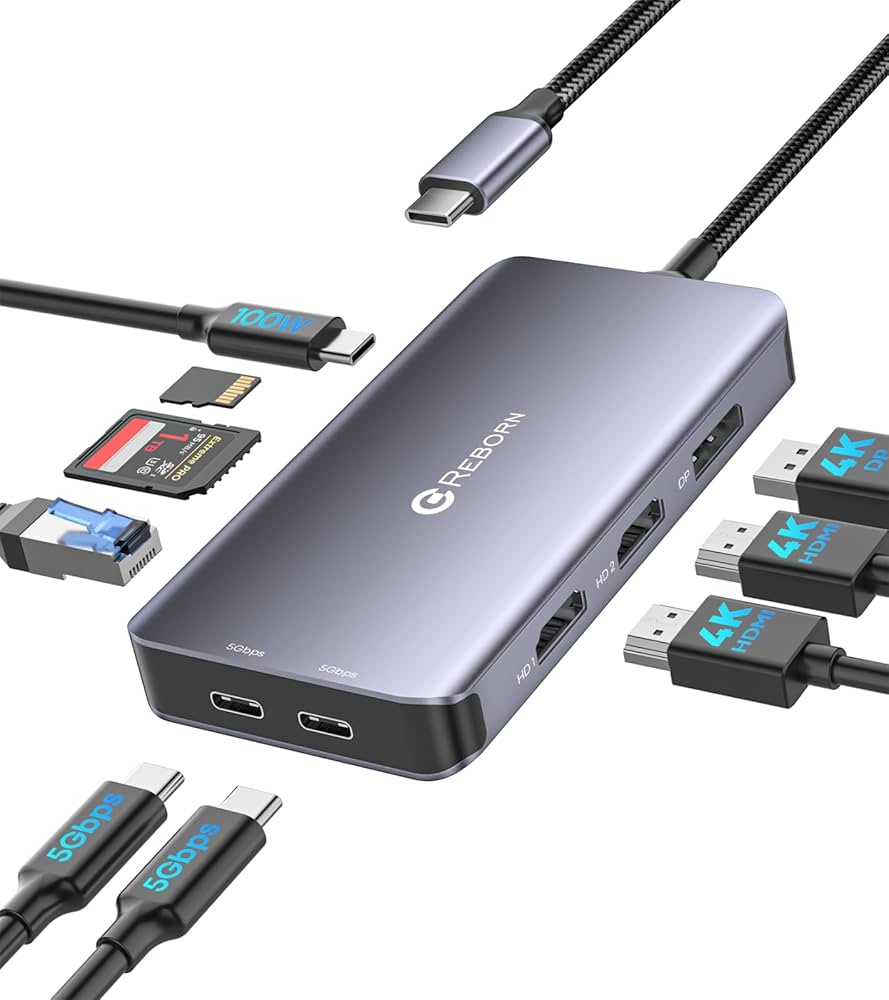 Reborn Docking Station Dual Monitor Adapter, Laptop Docking Station 3 Monitors Triple Display USBC Hub Dongle to 4K60Hz HDMI+DP,1Gbps Ethernet,100W PD,USB C Data,Card Reader,for Dell,HP,Lenovo,Surface