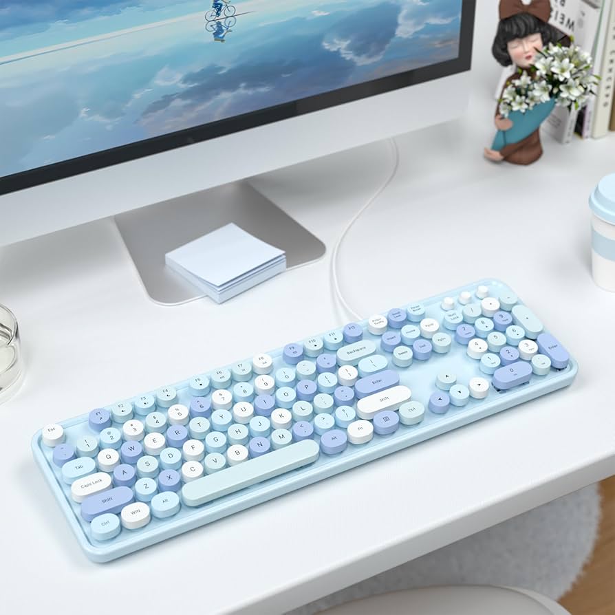 MOFII Computer Keyboards Wired, Plug Play USB Full Size Typewriter Keyboard, Cute Colorful Aesthetic Keyboard with Foldable Stands for Windows PC Laptop (Blue Colorful)