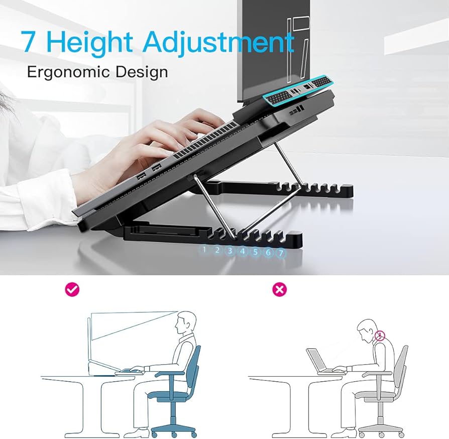 LIANGSTAR Laptop Cooling Pad, Laptop Cooler with 6 Quiet Fans for 12-17 Inch Notebook Gaming Fan Stable Stand, 7 Height & Wind Speed Adjustable, 2 USB Port & Phone Holder (Black)