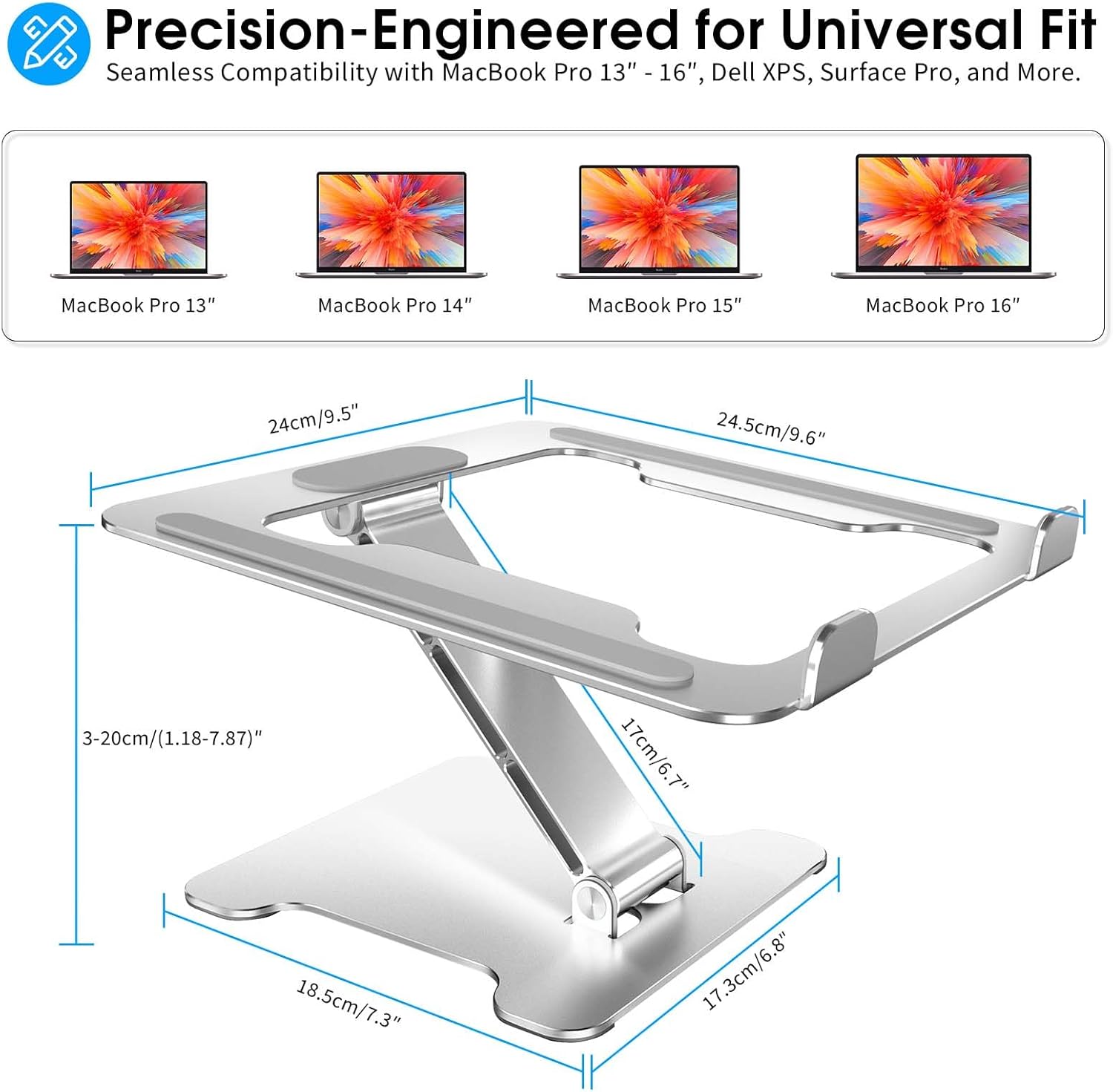 Foldable Aluminum Laptop Stand, Height Adjustable Ergonomic Riser for Collaborative Work,Tablet, Reading and More. Portable Laptop Stand for All 10-16″ – Silver