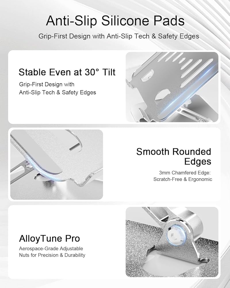 Laptop Stand for Desk Adjustable Height Portable Laptop Riser Aluminum Laptop Stand for Desk Foldable with Ergonomic 10-17″ Silver