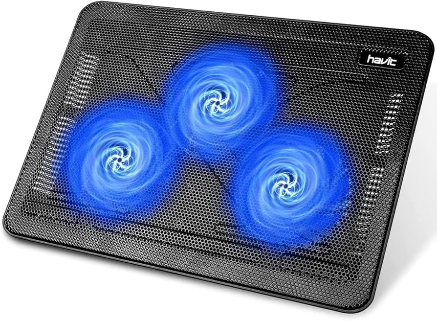 havit HV-F2056 15.6″-17″ Laptop Cooler Cooling Pad – Slim Portable USB Powered (3 Fans), Black/Blue