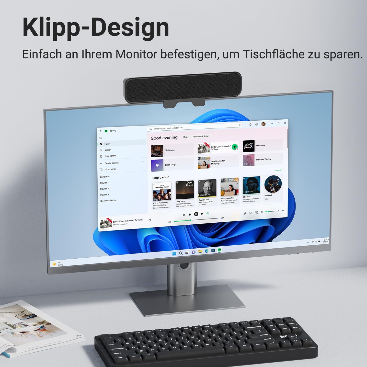 INGA Computer Speakers, USB Plug and Play Desktop Speakers, Easily Clamps to Monitor, PC Speaker with Loud Stereo Sound & Bass, Wired Computer Speakers for Study/Meeting, Compatible with MAC, Laptop