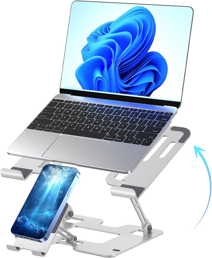 Ergonomic 2-in-1 Laptop Phone Stand for Desk, Adjustable Riser, Sturdy and Portable, Fits All Laptops and Phone (White)
