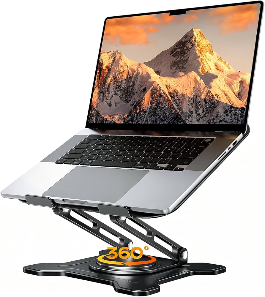 Adjustable Laptop Stand for Desk, 360° Rotating Base Ergonomic Computer Stand, Laptop Riser Foldable Protable for Office Home Fits Compatible with MacBook Pro/Air Notebook up to 10-16″ Black