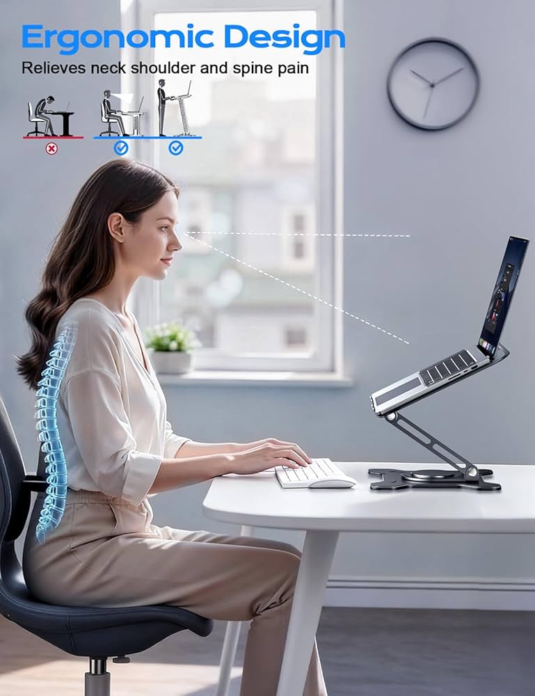 Adjustable Laptop Stand for Desk, 360° Rotating Base Ergonomic Computer Stand, Laptop Riser Foldable Protable for Office Home Fits Compatible with MacBook Pro/Air Notebook up to 10-16″ Black