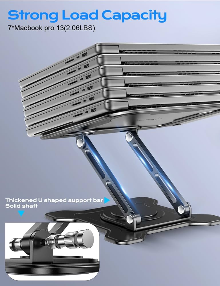 Adjustable Laptop Stand for Desk, 360° Rotating Base Ergonomic Computer Stand, Laptop Riser Foldable Protable for Office Home Fits Compatible with MacBook Pro/Air Notebook up to 10-16″ Black