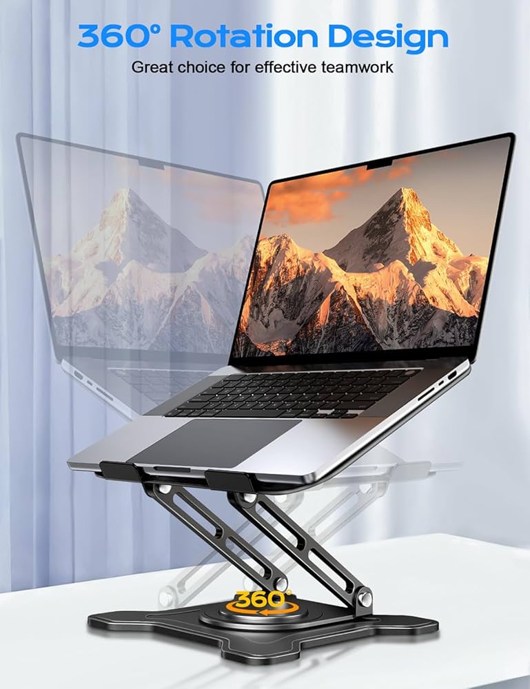Adjustable Laptop Stand for Desk, 360° Rotating Base Ergonomic Computer Stand, Laptop Riser Foldable Protable for Office Home Fits Compatible with MacBook Pro/Air Notebook up to 10-16″ Black
