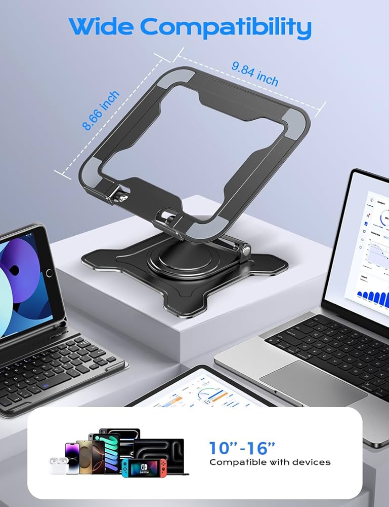 Adjustable Laptop Stand for Desk, 360° Rotating Base Ergonomic Computer Stand, Laptop Riser Foldable Protable for Office Home Fits Compatible with MacBook Pro/Air Notebook up to 10-16″ Black
